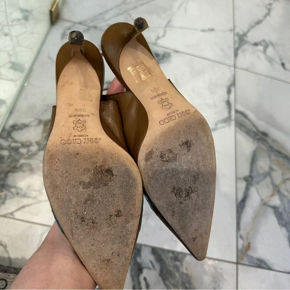 Jimmy Choo | 8 | Slingback Pumps Brown Teal Cutout Leather Pointed Toe 3” Heel - Picture 12 of 16